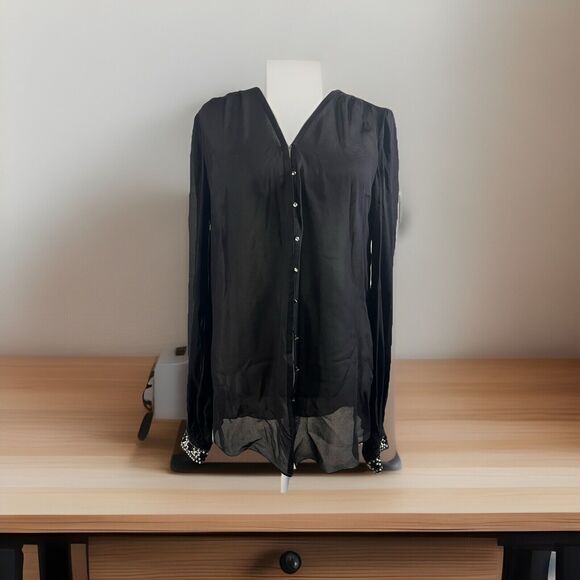 Elizabeth And James Silk Blouse Pearly Cuff Detail Black Size Medium - Picture 1 of 16